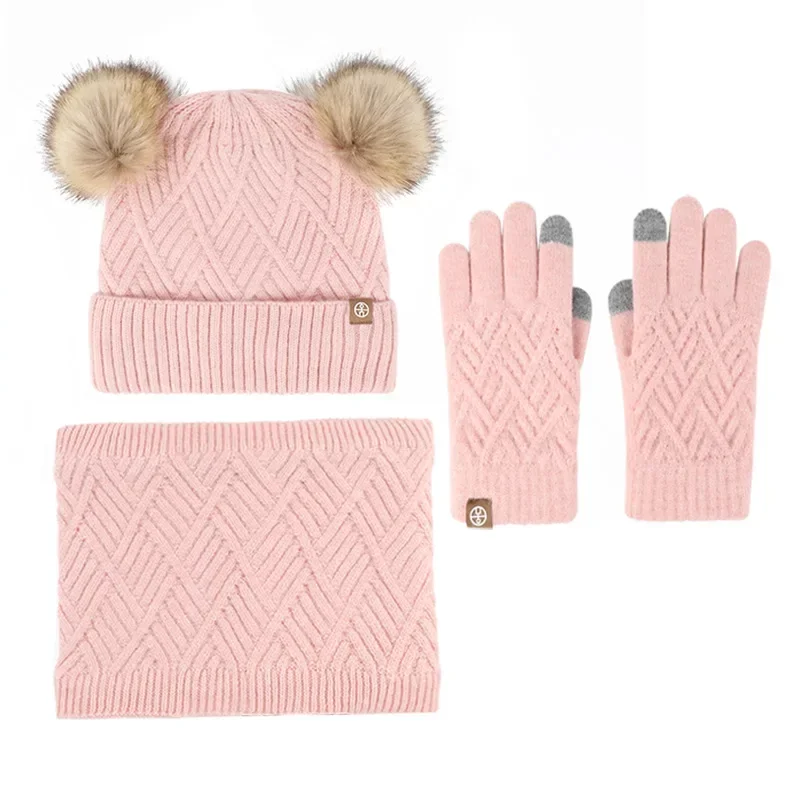 Set 3pcs Children Winter Beanies Scarf Gloves Cute Fur Pompoms Fleece Lining Boys Girls Kids Winter Warm Set Junior 5-12Years