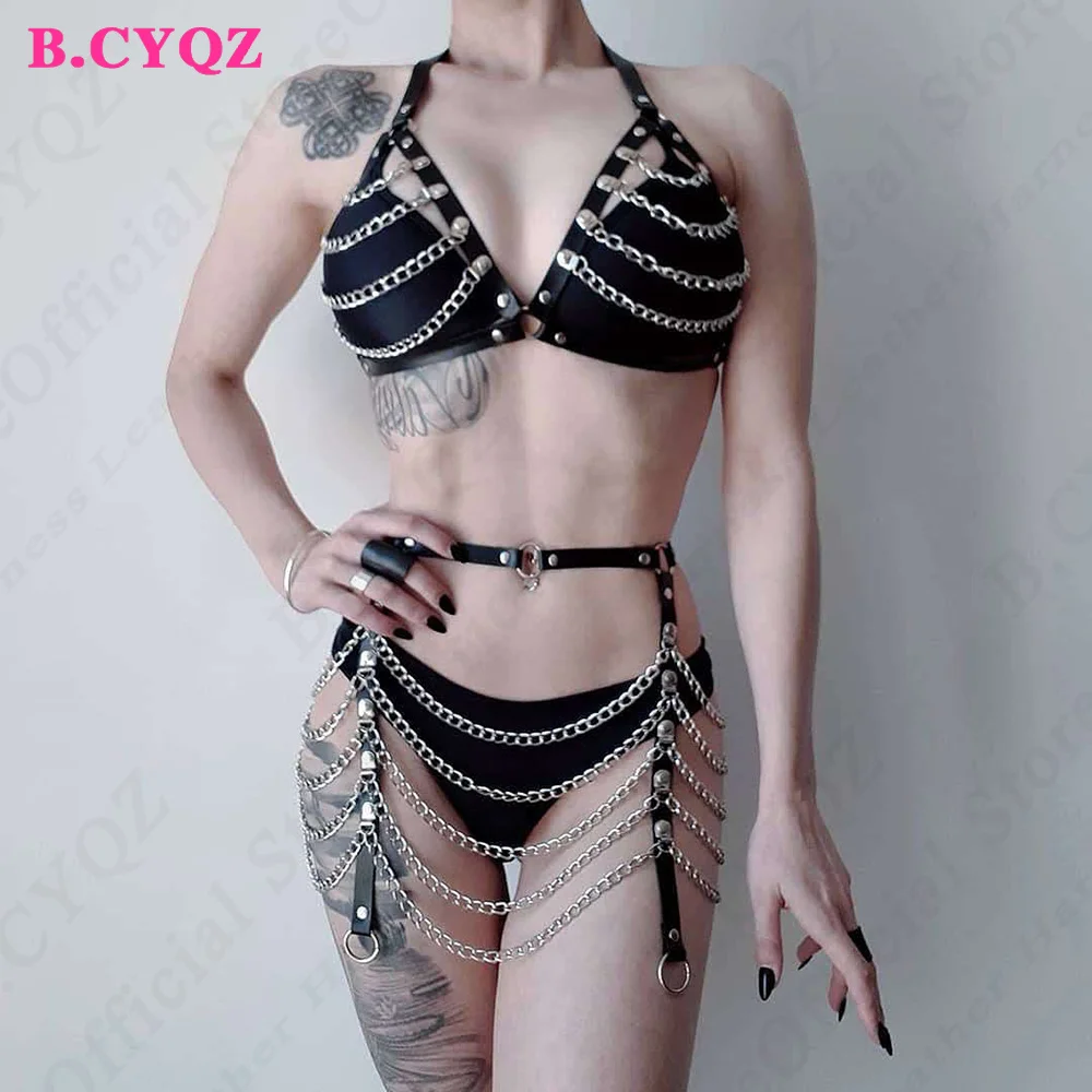 

Sexy Body Bondage Chain Belt Harness Gothic PU Leather Garter BDSM Woman Lingerie Body Harness Punk Accessories Rave Clothes
