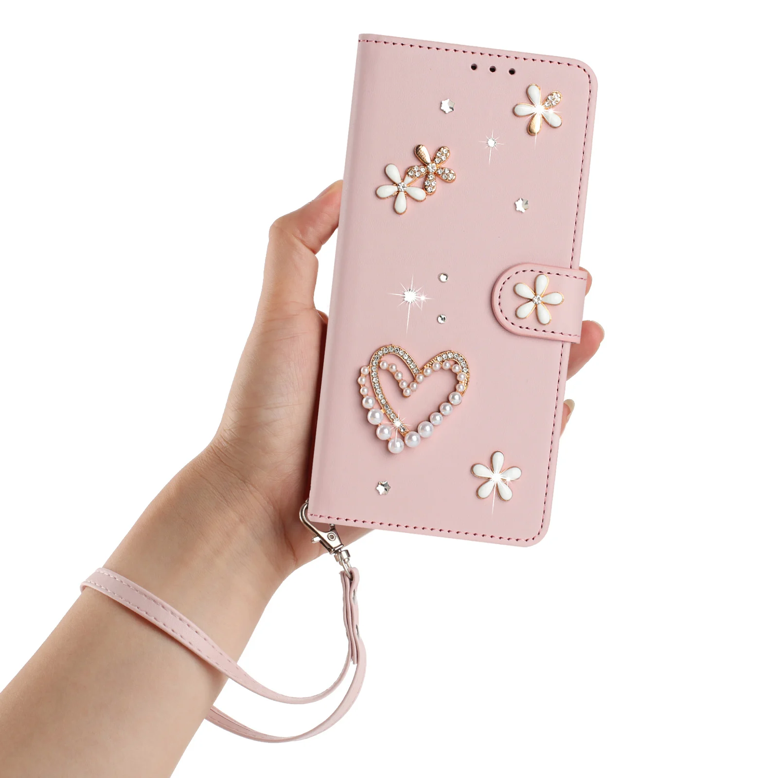 Sparkling Jeweled Leather Phone Case with Lanyard and Cardholder Wallet