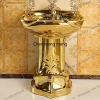 อ่างล้างหน้าเซรามิกแบบตั้งพื้นสำหรับตกแต่งบ้านสไตล์โมเดิร์นหรูหราสีทอง พร้อมขาตั้ง สำหรับปรับปรุงบ้าน 3