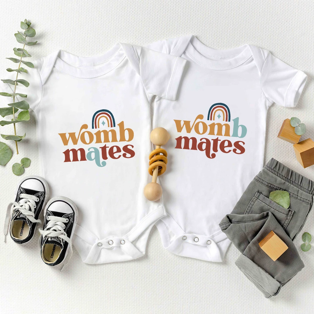 Cute Funny Twin Baby Boys Girls Clothes Womb Mates A B Fashion Newborn Onesie Pajamas Cotton Comzy Infant Outfits Bodysuits 2