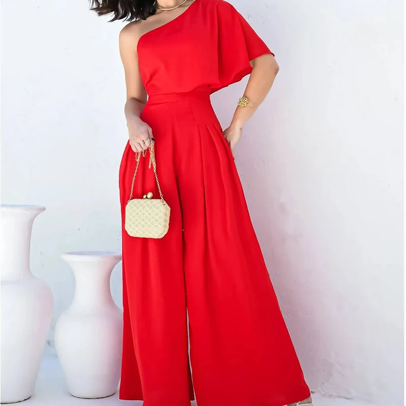 

Lady Casual Solid Pleated Playsuits 2023 Asymmetric One Shoulder Sleeve Party Jumpsuit Office Fashion High Waist Wide Leg Romper