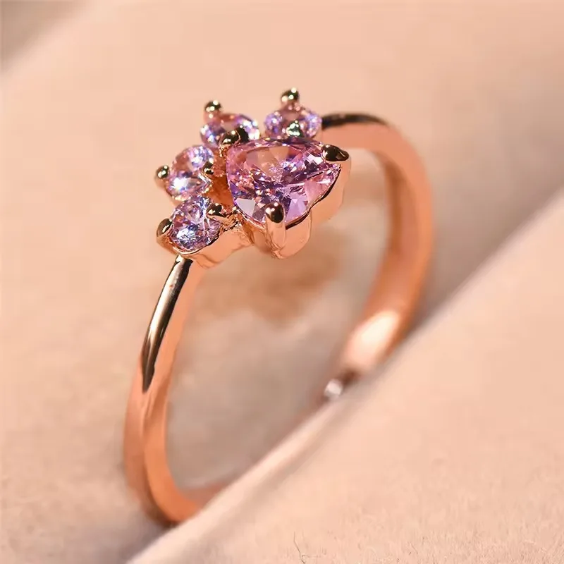 Cute Cat Claw Ring for Women Romantic Pink Crystal Adjustable Ring Wedding Engagement Jewelry Gifts