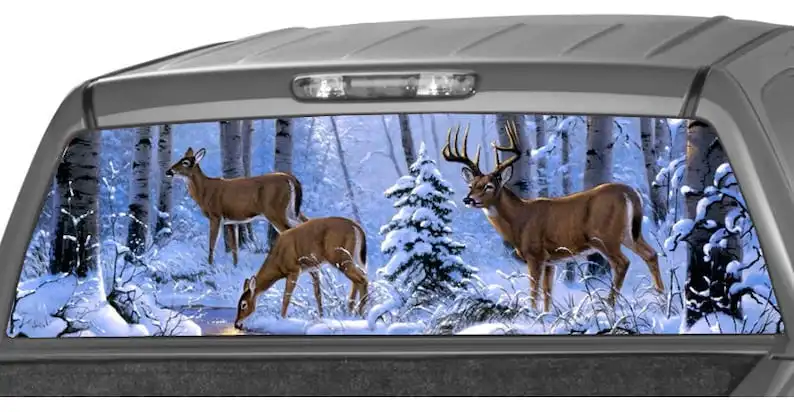 

Deer Family in The Snow Forest Rear Window Graphic Decal Tint Perf Sticker for Truck perforated vinyl