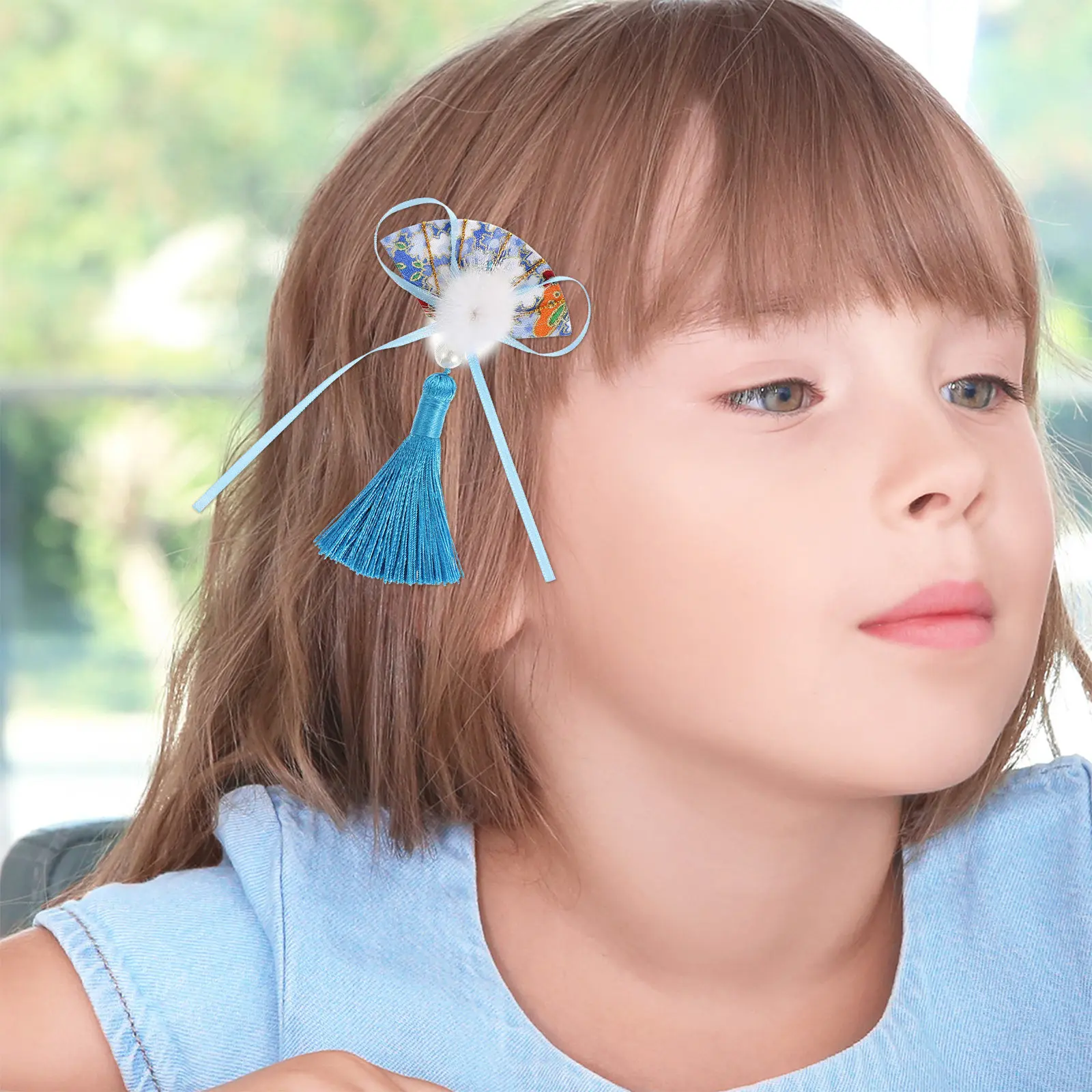 1쌍 팬 모양 태슬 헤어핀 새해 천 헤어핀 어린이 머리 장식 축제 파티 새해 머리 장식 헤어밴드 장식