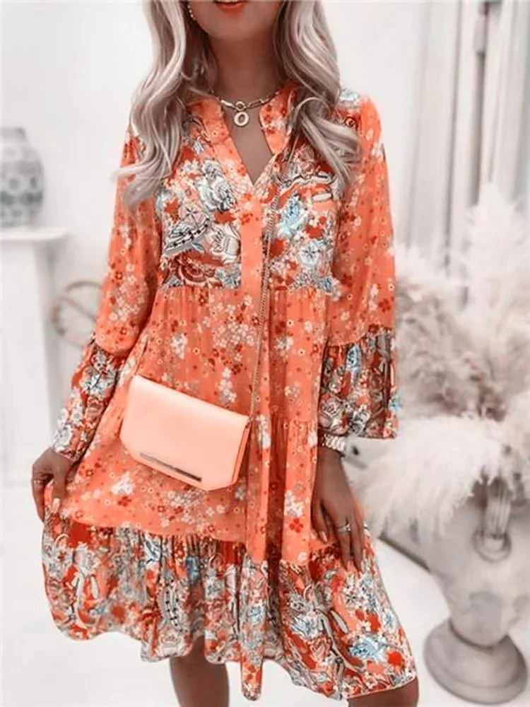 

New Floral Dress for Women 2024 Summer Oversize Elegant Long Sleeve Casual Dresses Female Loose Bohemian Beach Holiday Dresse