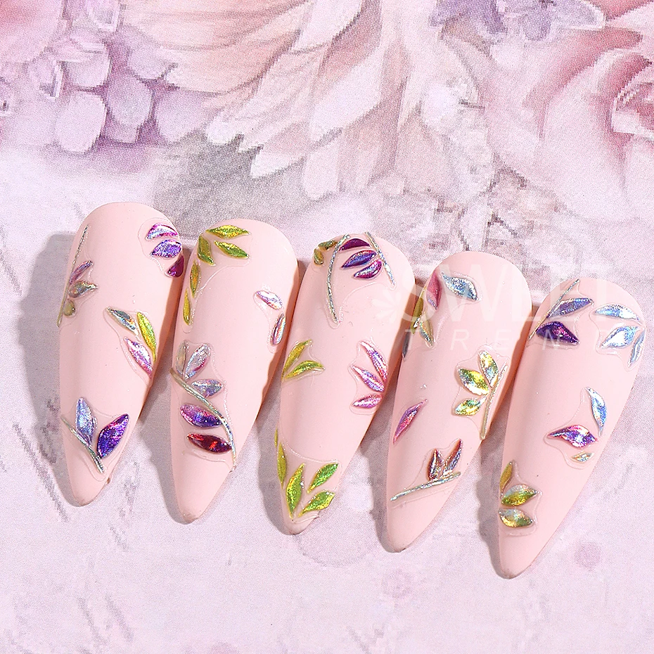 5D Metallic Gold Line Petal Nail Art Sticker Red Glossy Floral Frame Nail Supplies Decals With Glitter Elegant Flowers Manicure