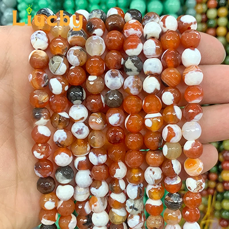 

Agate Natural Stone Faceted Red and white dragon patterned fire beads For Jewelry Making DIY Accessories 15" Strand 6/8/10/12mm