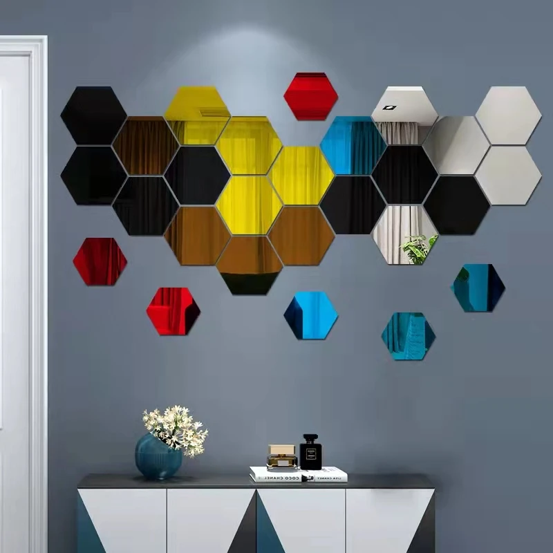 12PCS Hexagon Acrylic Mirror Wall Sticker Tiles Sheet Decorative Geometric  3D Art DIY Removable Self Adhesive Mirror w/4 color 