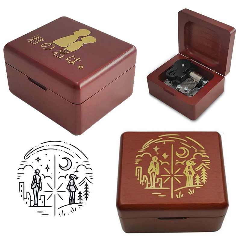 Anime Your Name Music Box Zenzenzense Song Gold Stamping Bronzing Wind Up Wooden Box Home Decoration Birthday Party Gift 2