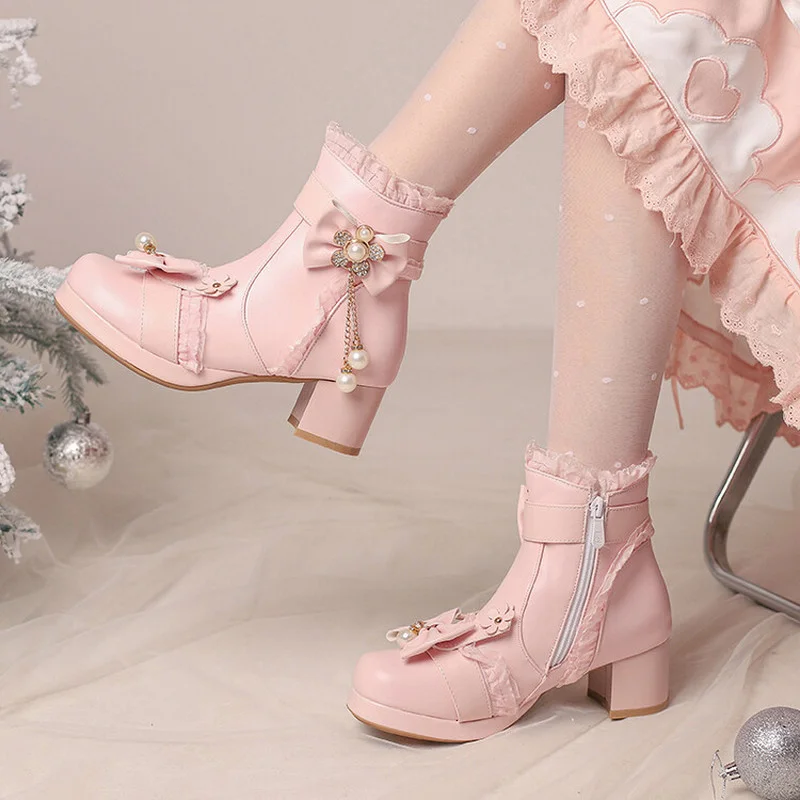

Женские винтажные ботильоны в стиле «Лолита», розовые, белые, черные ботинки на массивном каблуке, с ажурным кружевом, с бантом-бабочкой, для косплея, принцессы, для двора, зимние ботинки