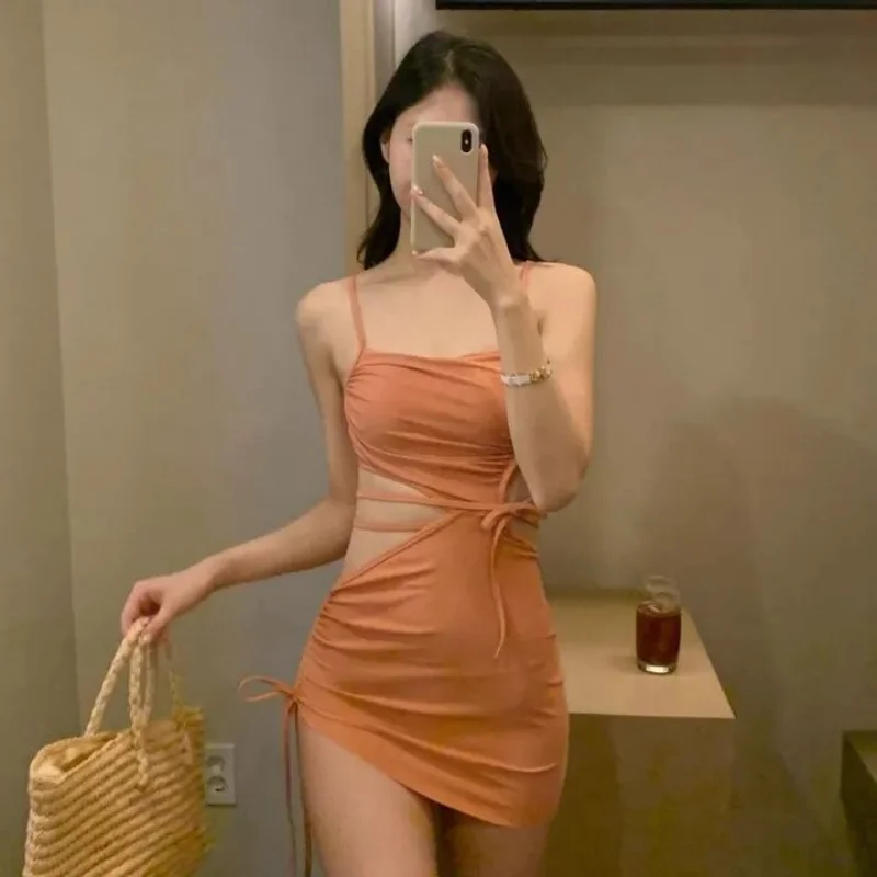 

Sexy One Piece Dress Swimsuit Women Cut Out Bathing Suit Swimwear Monokini Bandeau Bathing Suit Korean Padded Beach Wear Orange