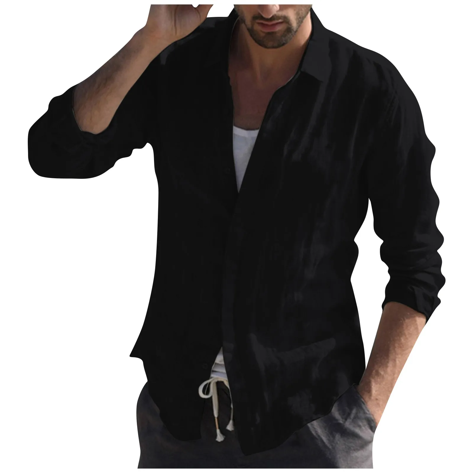 

Рубашка мужская с отложным воротником, Пляжная блузка на пуговицах, однотонная хлопково-льняная рубашка с длинным рукавом, свободного покроя, в стиле ретро, весна-осень