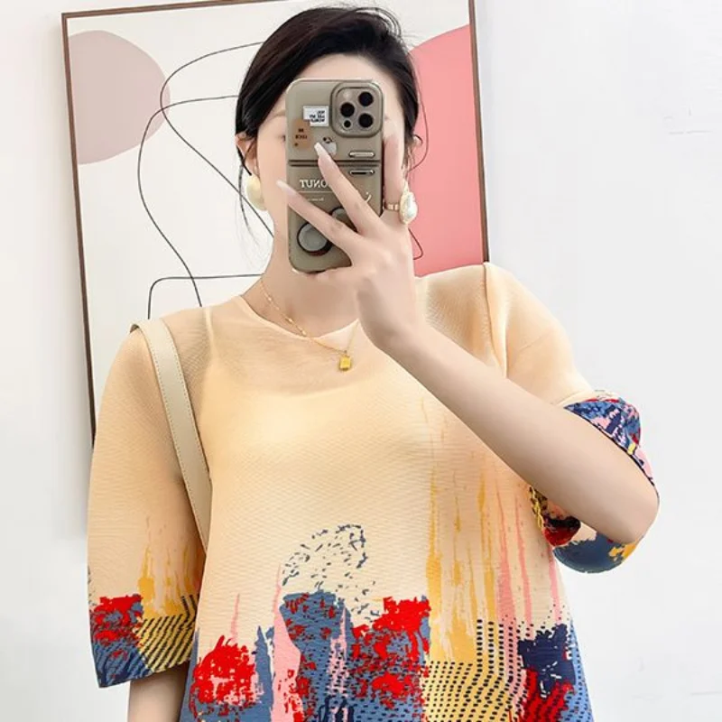 

Wrinkle T Shirt Female 2023 Age Reducing Printing T Shirt Top Fashion Short Sleeve Round Neck T-shirt Women Loose Female Tops