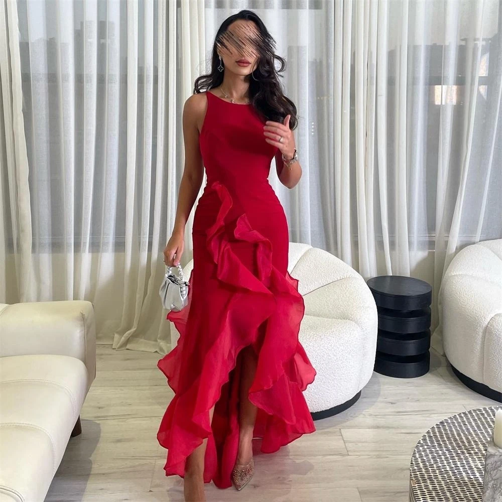 

2023 فستان سهرهProm Dresses Elegant Fashion O-Neck High Low Mermaid Party Dress Sleeveless Floor Length Ruched Formal Evening