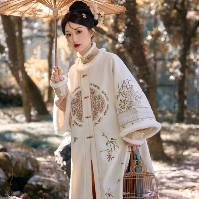 

Женское Повседневное платье Hanfu, оригинальное утолщенное платье с круглым вырезом династии Мин, с воротником-стойкой, красная куртка, юбка с изображением лошади