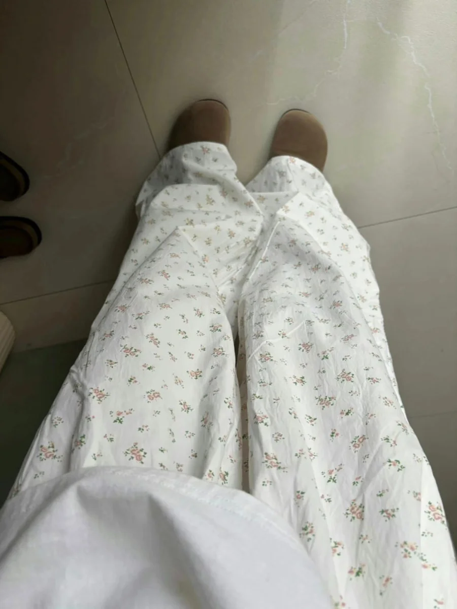 Korean Sle Floral White Casual Pants Women's Summer 2024 New Loose Straight Lazy Draping Wide-Leg Pants