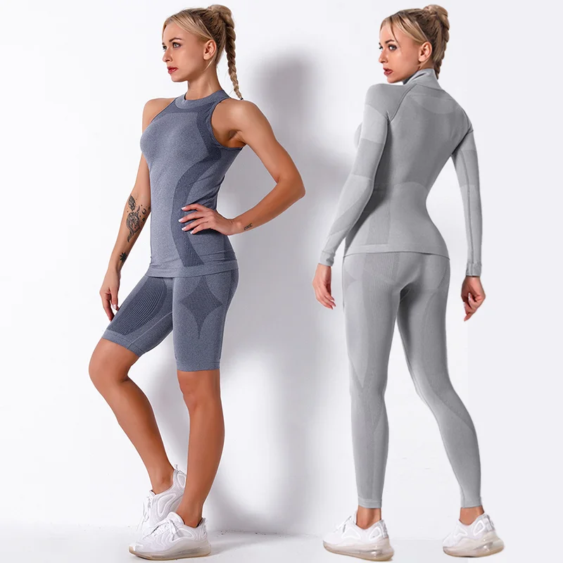 Women Seamless Set Fitness Sports Suits Gym Clothes Workout Long Sleeve Shirts High Waist Running Leggings Pants Suits