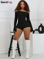Weird Puss Knit Thin Romper Women Slash Neck Backless Fall Elegant Full Sleeve Hipster Playsuit Street Workout Shorts Overalls - Image 3