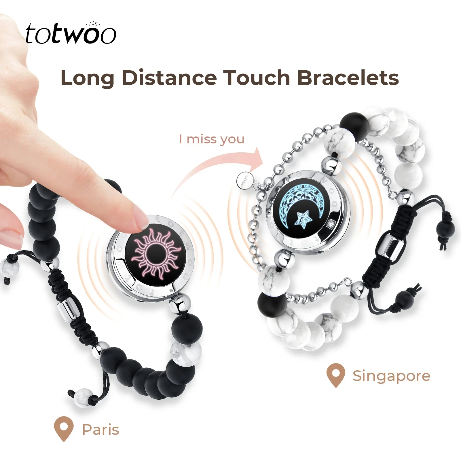 TOTWOO 여자 친구를위한 장거리 팔찌 진동 및 조명 팔찌, 장거리 선물 Bluetooth 스마트 페어링 쥬얼리