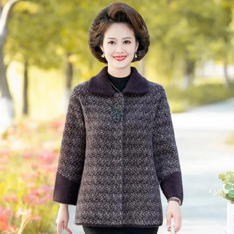 밍크 캐시미어 가디건 재킷, 두꺼운 중년 여성 어머니 착용, 매우 아름다운 울 코트, 2023 가을 겨울 신상
