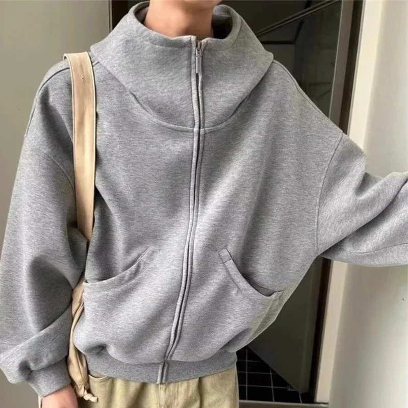 Men's Zipper Long Sleeve Turtleneck Hoodies Spring High Street Fashion Hooded Sweatshirts Y2K Vintage Casual Jackets
