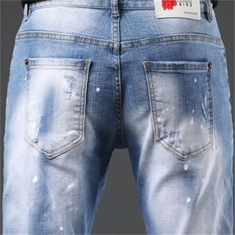 EH · MD Splash Paint Blue Jeans Men's Summer Slim Fit Cotton Casual Cat Must Do Old Pencil Pants Zipper Red Ear High Elasticity