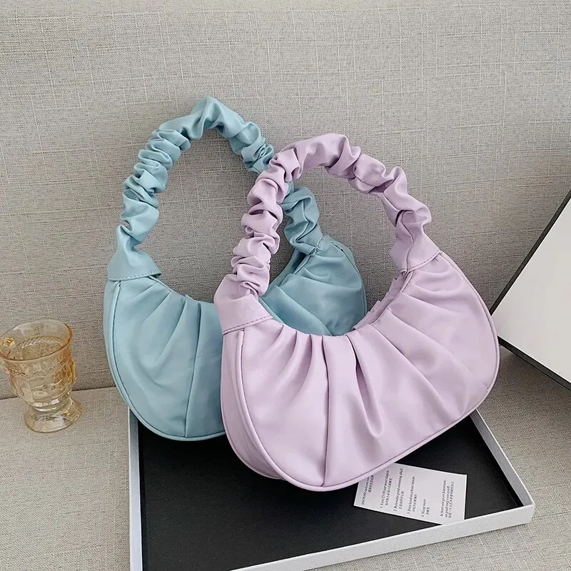 New Pleated Handlebags PU Dumpling Female Hand Bags Woman Shoulder Bag Casual Armpit Bags Solid Color Underarm Bag