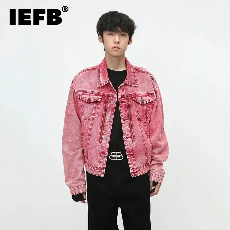 

IEFB Fashion Men's Denim Jackets Pink Washed Jean Coat Trend Niche Design Vintage Male Handsome Outerwear 2023 Autumn New 9C2654