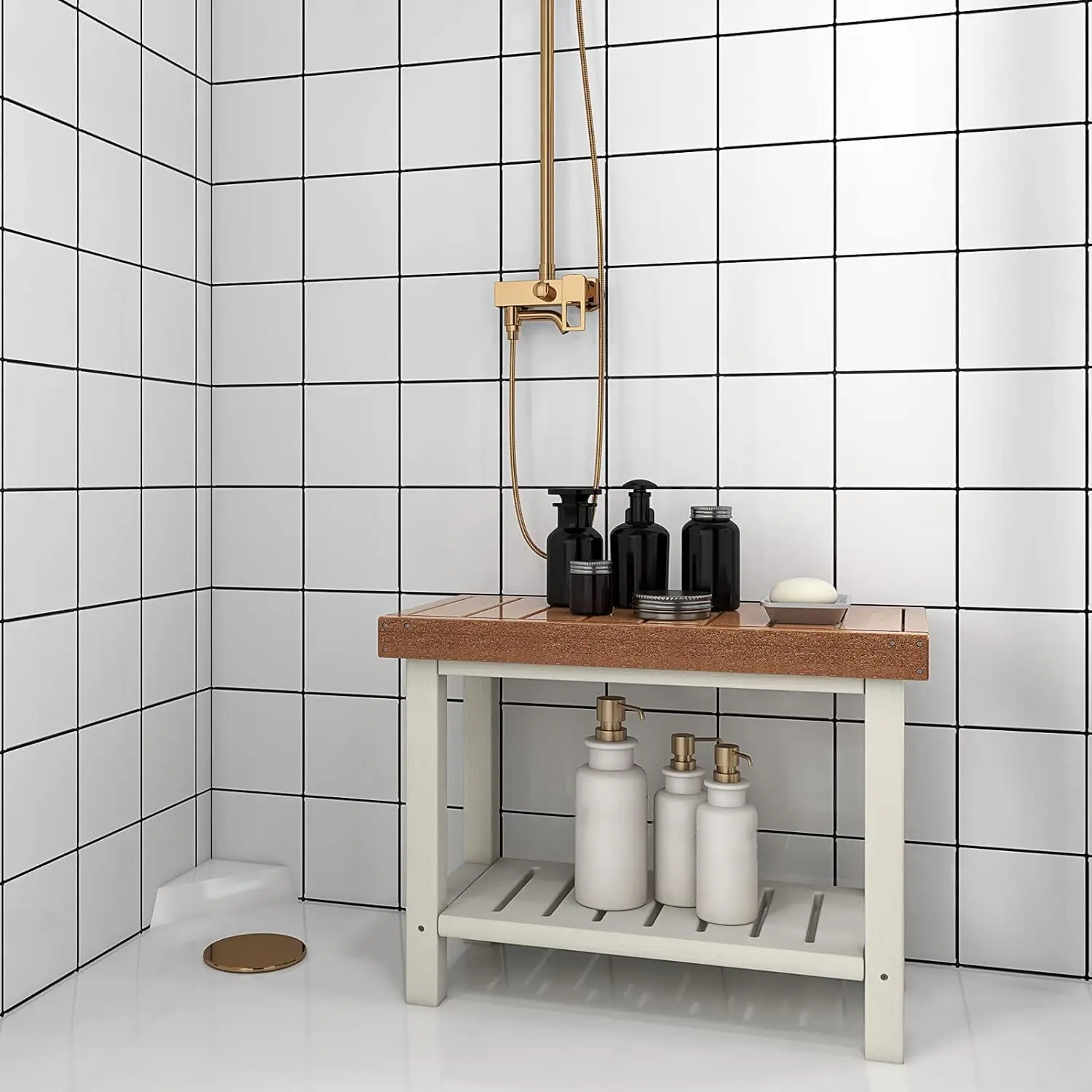 Shower Bench Stool, Waterproof HDPE Shower Seat with Storage Shelf for Shaving Legs, Non-Slip Foot Pads(Brown & White) 3