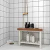 Shower Bench Stool, Waterproof HDPE Shower Seat with Storage Shelf for Shaving Legs, Non-Slip Foot Pads(Brown & White) 3