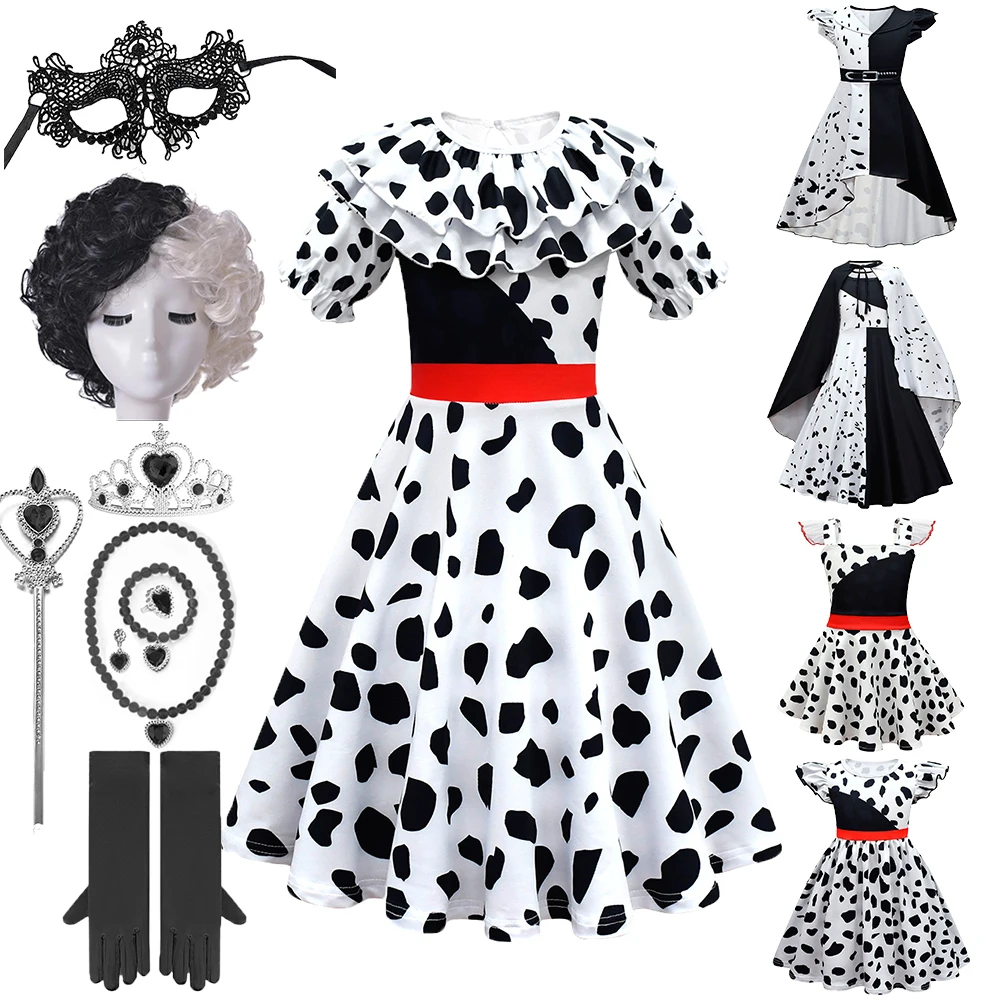 Halloween Carnival Children Cruella Costume Cosplay Masquerade Party Fancy Girls Witch White Black Dress Abiti Lunghi Vintage