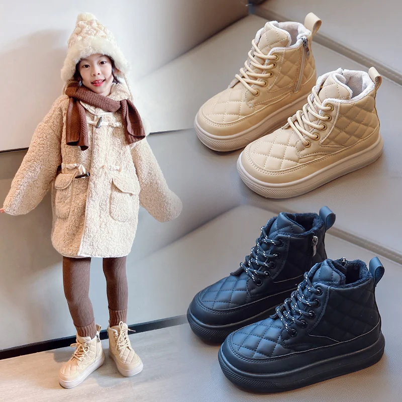 

Baby Toddler Ankle Boots Kid Stylish Side Zipper Children's Martion Boots Soft PU Leather Sewing Girls Plush Winter Warmth Boots