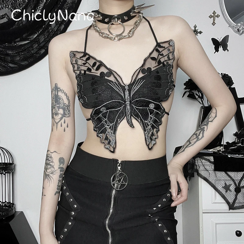 

Chiclynana Y2k Sexy Design Street Black Butterfly Lace Cami top Women