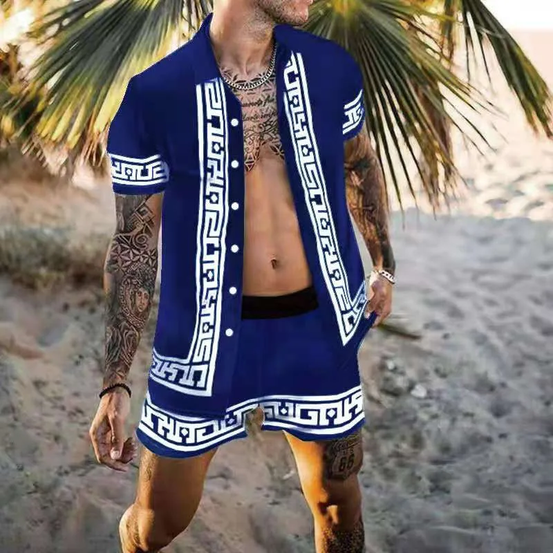 

Summer Men Hawaiian Sets Printing Short Sleeve Button Shirt Beach Shorts Two Set Streetwear Casual Holiday Men's 2 Piece Suit