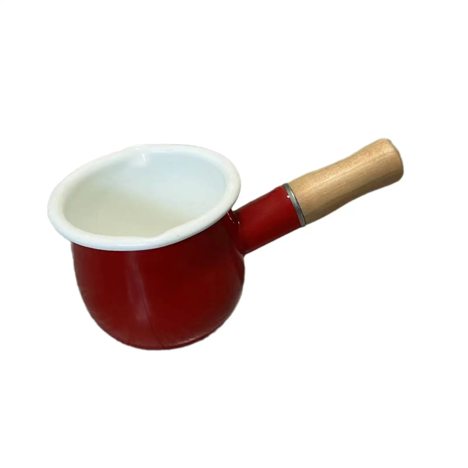 500ml Enamel Milk Pan Small Food Warmer Multifunctional Small Cooking Pot Small Enamelware Butter Warmer with Wooden Handle