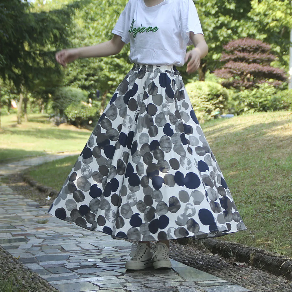 TIYIHAILEY Free Shipping 2022 New Fashion Long Maxi A-line Elastic Waist Women Cotton And Linen Spring Summer Dot Printed Skirt