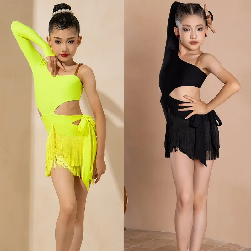 

Костюм для танцевальных соревнований, одежда для выступлений, платье для девочек с одним рукавом для латиноамериканских танцев, платья с бахромой, детская Самба, Румба, Латиноамериканский