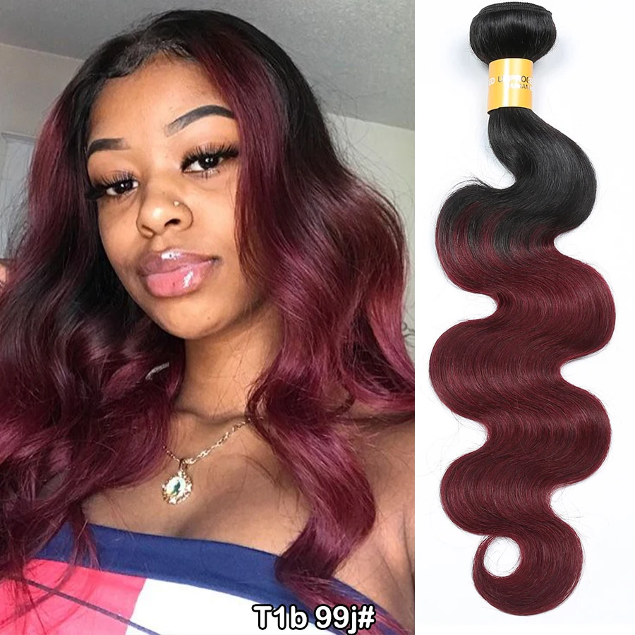 

T1b 99j Body Wave Bundles Ombre Human Hair Bundles Brazilian Hair Weave Pre Colored Dark Red Wine with Black Roots 1 Piece