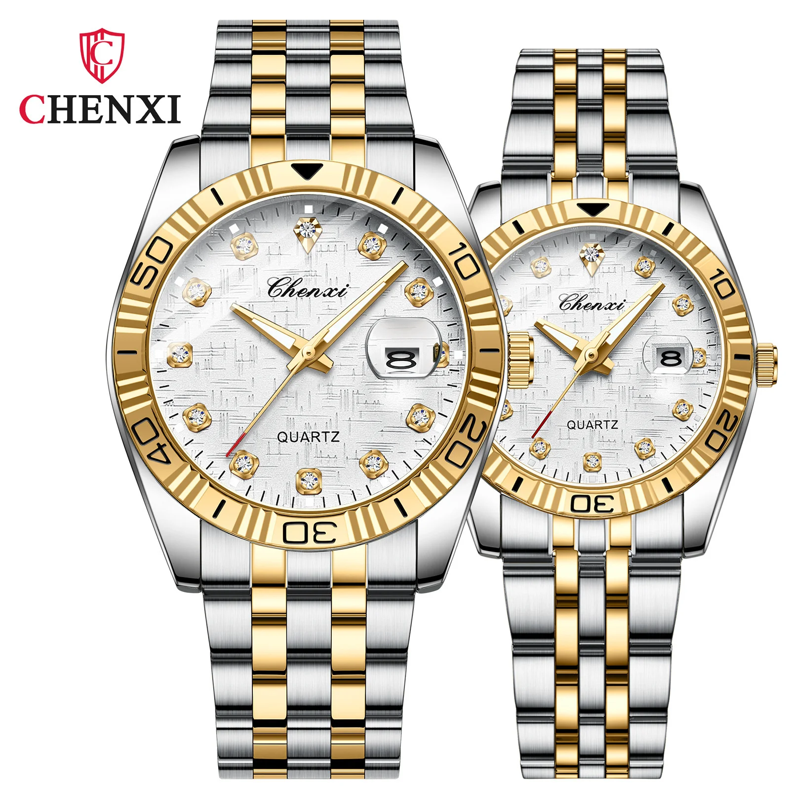 CHENXI 8201B Couple Watch Fashion Business Calendar With Diamond Golden Steel Band Quartz Wrist Watches Gift Relogios Feminino