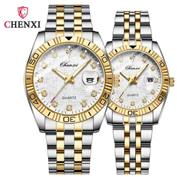 CHENXI 8201B Couple Watch Fashion Business Calendar With Diamond Golden Steel Band Quartz Wrist Watches Gift Relogios Feminino
