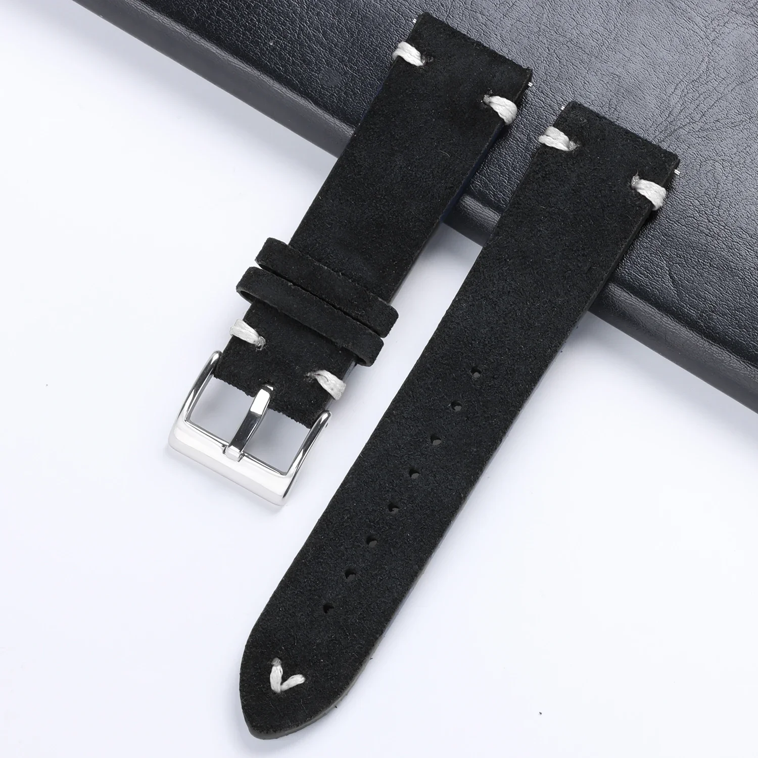 Vintage Grey Suede Leather Watch Strap with Handmade Stitching - Soft Replacement Wristband