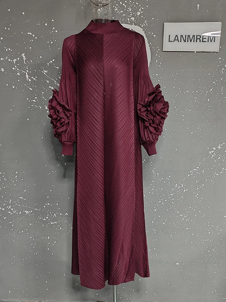 فستان LANMREM ذو ثنيات باللون الأحمر الخمري للنساء...