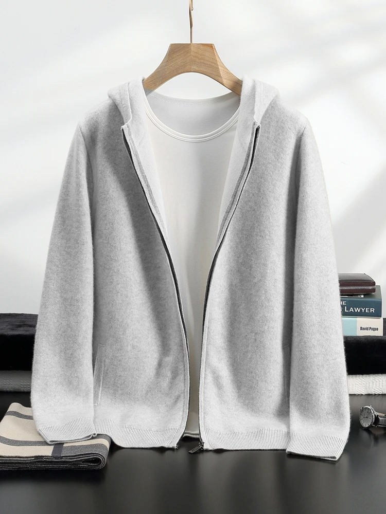 Choice 2024 New Chic Men Cashmere Hooded Cardigan Autumn Winter Basic Grace 100% Cashmere Knitted Sweater Korean Popular Tops 3