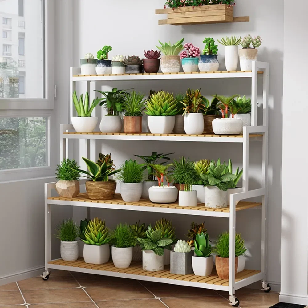 Flower Rack Indoor Floor Standing Multi-Storey plant stand wooden flower shelf With Wheels Adjustable Outdoor Multi Functional Balcony Storage Rack