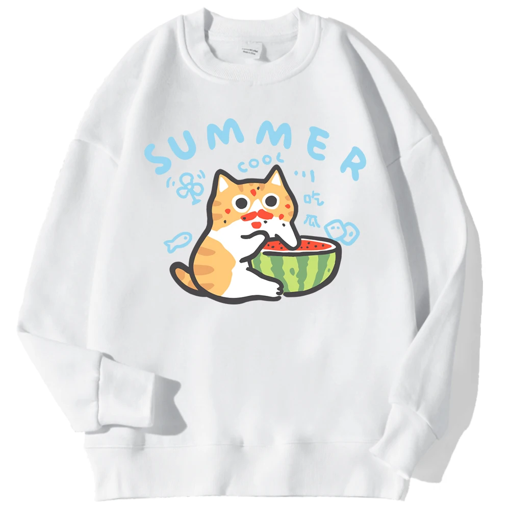 The Cat Sits On The Ground Eating Watermelon Hooded Men Fleece Warm Big Size Hoodies Fashion fur-liner Fashion Casual S-XXL Tops