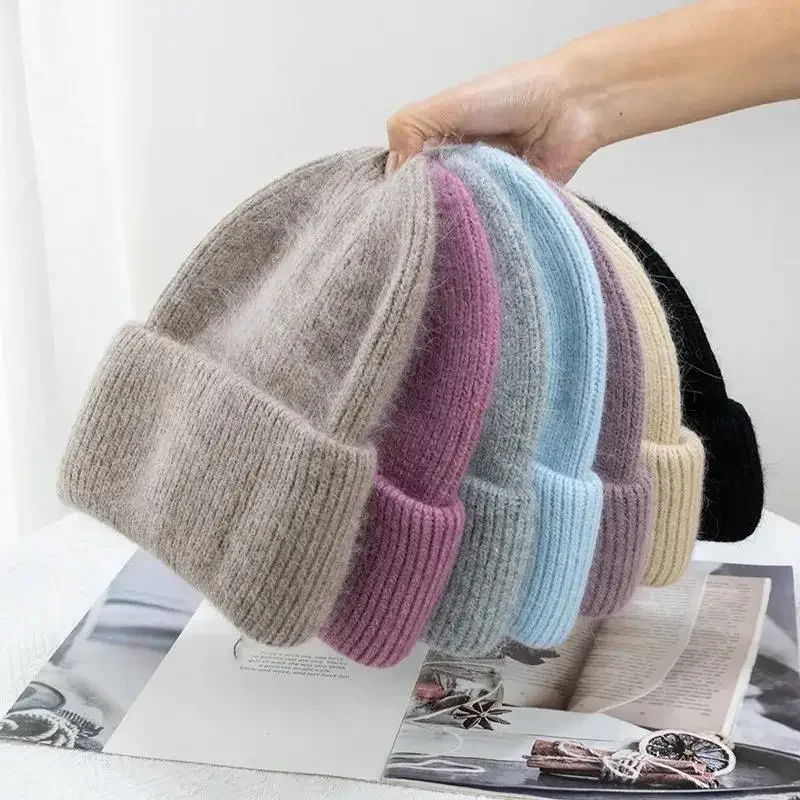 

2023 Solid Thickened Knitted Cap Soft Real Rabbit Fur Three-Fold Soft Style Beanie Hat Lady Autumn Winter Outdoor Sport Warm Cap
