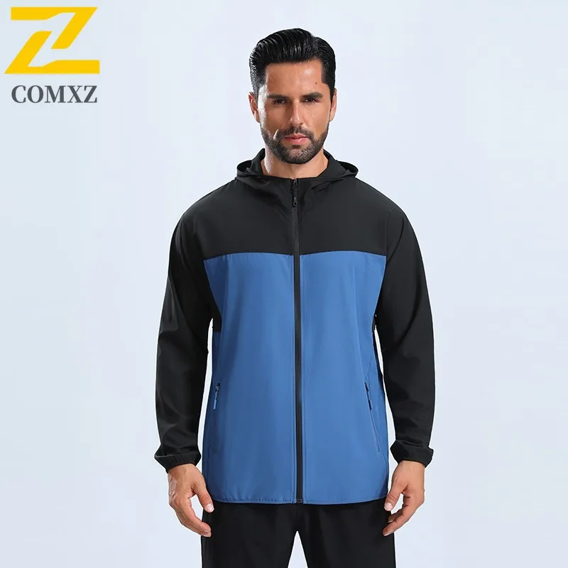 COMXZ 2025 Color Block Hoodie Windproof Coat Men High Quality Spring Autumn Outdoor Training Casual Loose Breathable Windbreaker