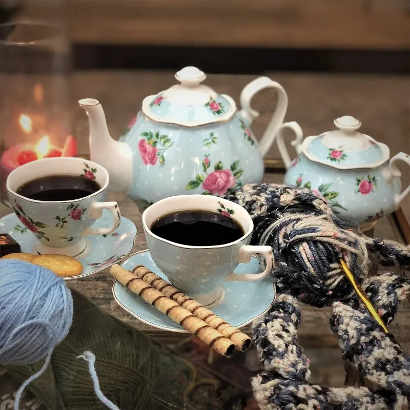 BTaT- Floral Tea Set, Tea Cups (8oz), Pot (38oz), Creamer and Sugar Set, Gift Box, Sets for Women, Cups