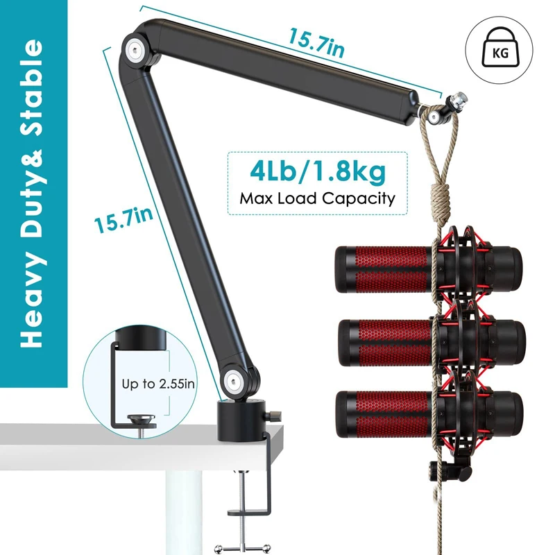 Microphone Boom Arm 360&deg;Rotatable Mic Stand Microphone Holder With 3/8"5/8" Adapters Microphone Arm With Accessories Mic Arm microphone stand